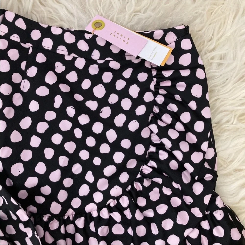 Tanya Taylor Daphne Polka Dot Flounce Ruffle Mini Skirt in Black & Pink - NWT